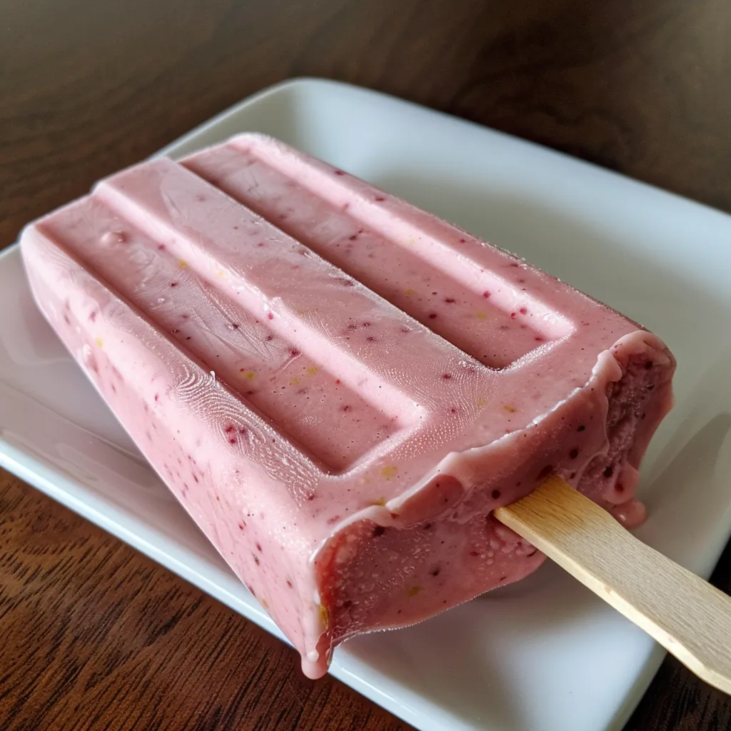 Close-up of creamy strawberry banana protein popsicles with a smooth texture.