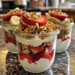 Close-up view of jars filled with layered strawberry banana yogurt, garnished with granola.