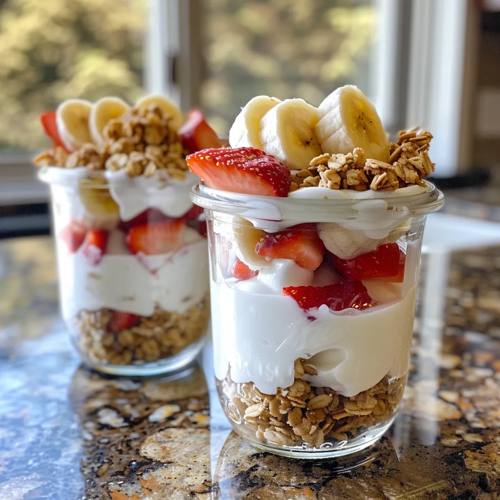 Side view of yogurt jars displaying vibrant slices of strawberries and bananas, topped with granola.