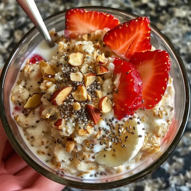 Close-up view of Strawberry Shortcake Overnight Oats in a jar, featuring fresh strawberries and granola.