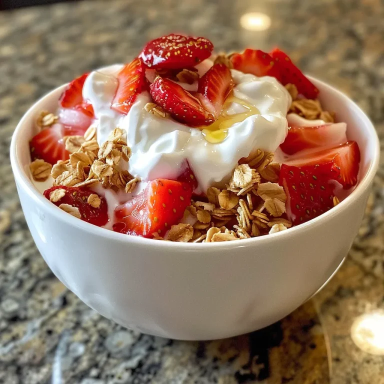 Close-up view of strawberry yogurt clusters with fresh strawberries.