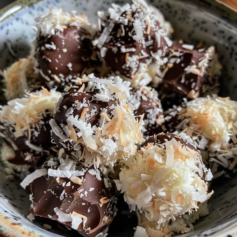 Close-up view of Sugar-Free Chocolate Coconut Clusters, showcasing the shiny chocolate coating and shredded coconut.