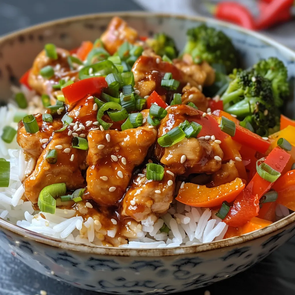 Side view of a juicy chicken rice bowl drizzled with sweet chili sauce.