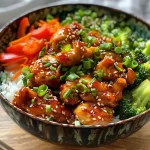 Close-up image of a Sweet & Spicy Hot Honey Chicken Bowl featuring rice, chicken, and colorful vegetables.