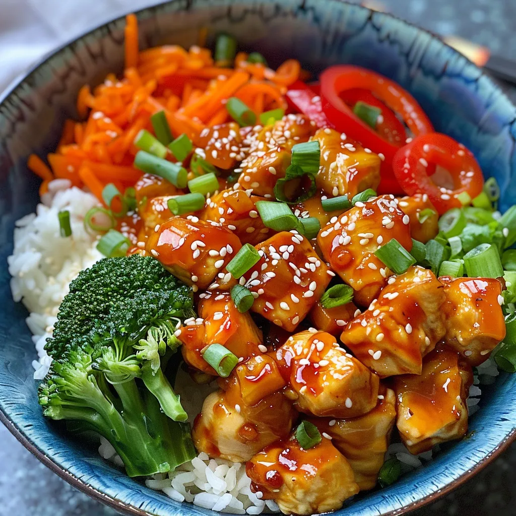 Side view of a bowl containing Sweet & Spicy Hot Honey Chicken with jasmine rice and assorted veggies.