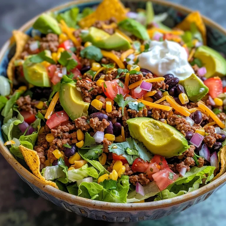 Close-up view of a vibrant taco salad with lean beef, fresh vegetables, and tortilla chips.