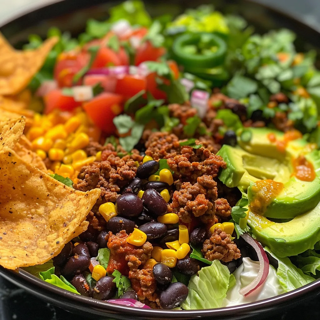 Side view of a colorful taco salad topped with diced avocados, tomatoes, and cheese.