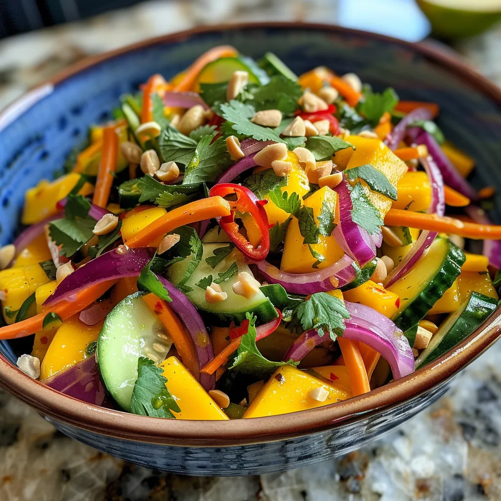Close-up shot of a Thai Mango Cucumber Salad featuring mangoes, cucumbers, and herbs.