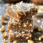 Close-up view of toasted cashew coconut bars with a golden-brown exterior.