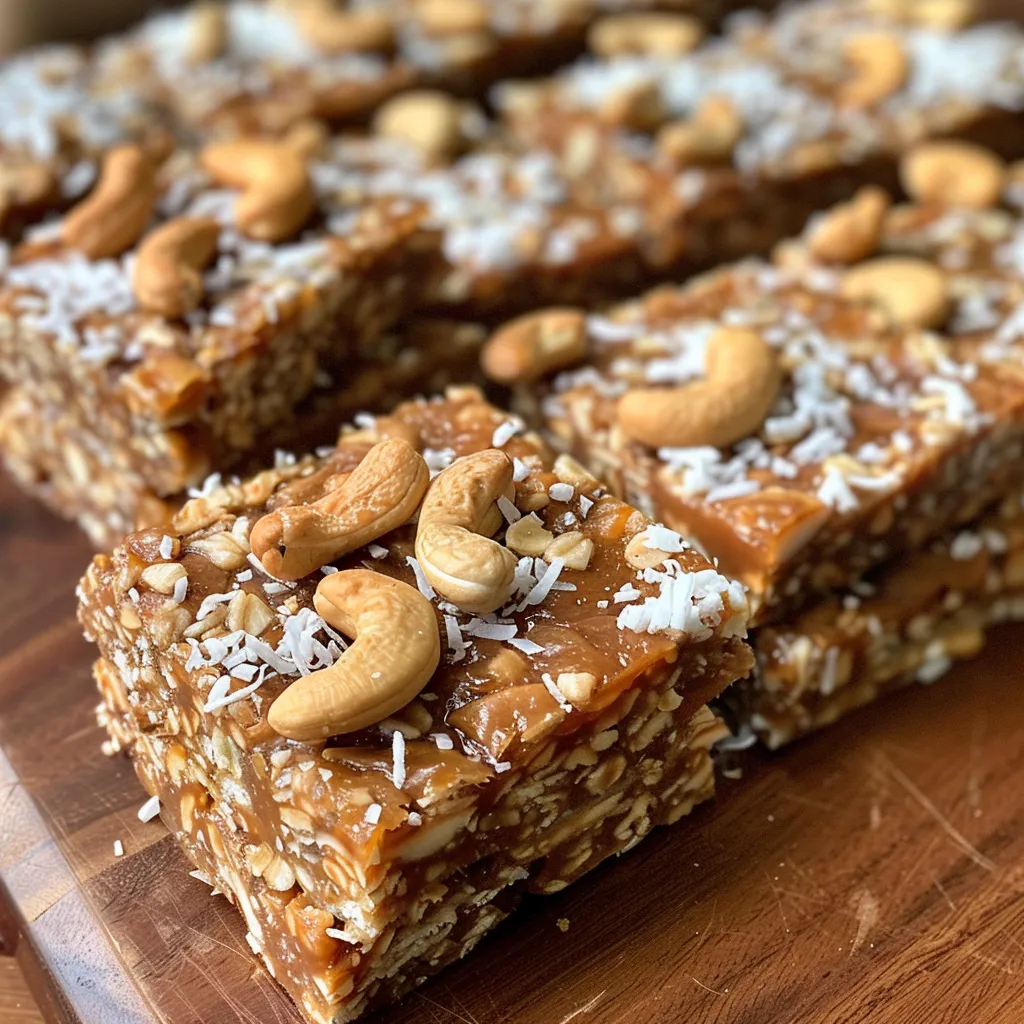 Side angle of delicious toasted cashew coconut bars showcasing their texture and ingredients.