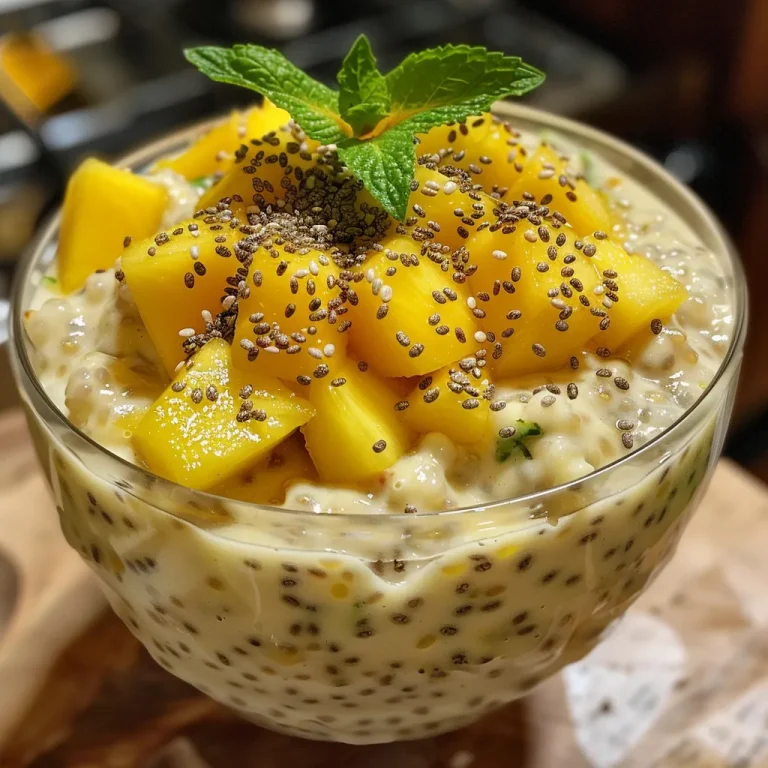 Close-up view of tropical chia pudding in a clear cup, garnished with fresh mango and pineapple.