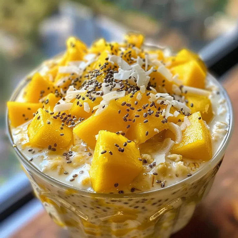 Close-up view of a bowl of Tropical Mango Coconut Overnight Oats topped with fresh mango cubes and shredded coconut.