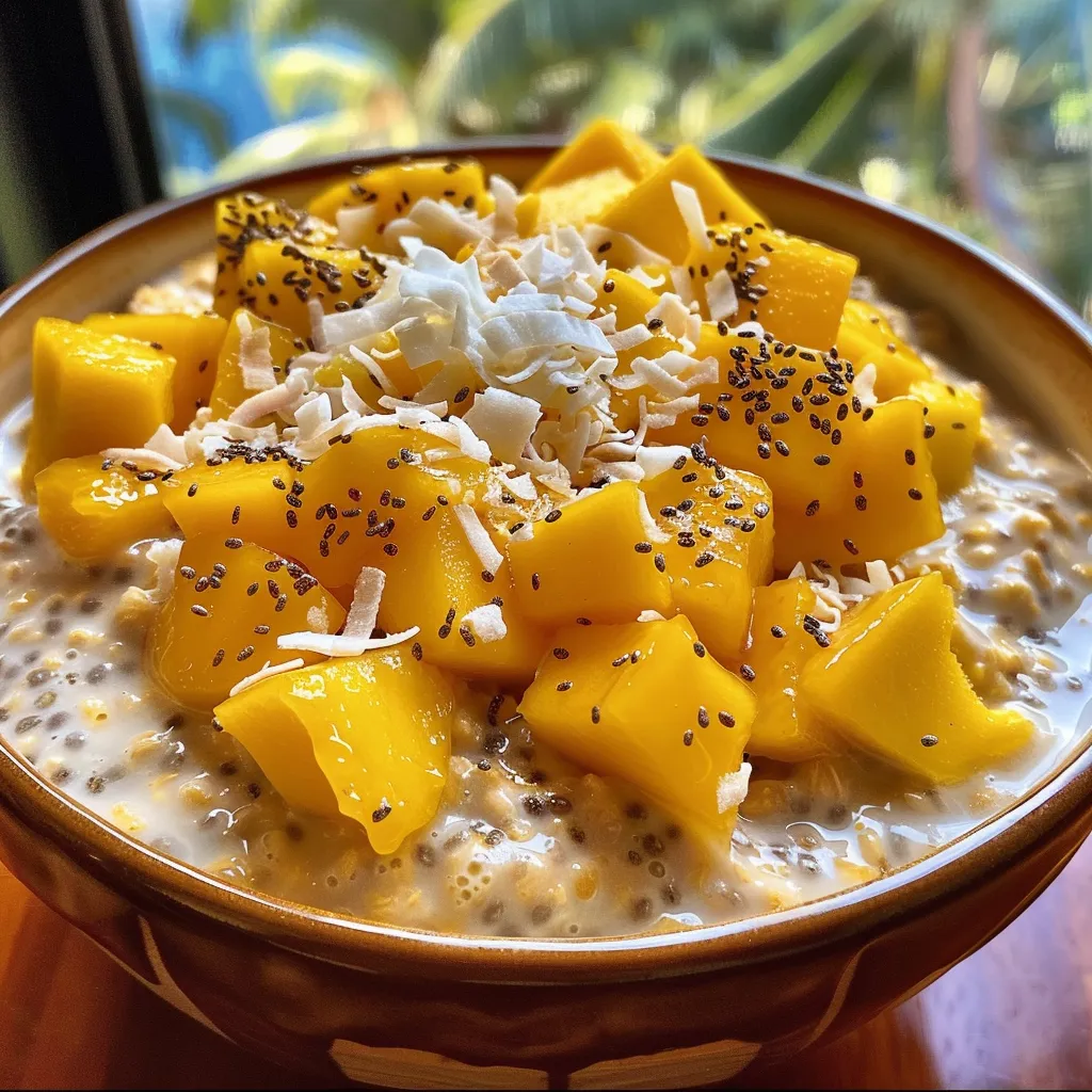 Side view of a vibrant bowl filled with creamy overnight oats, showcasing chunks of mango and coconut flakes.