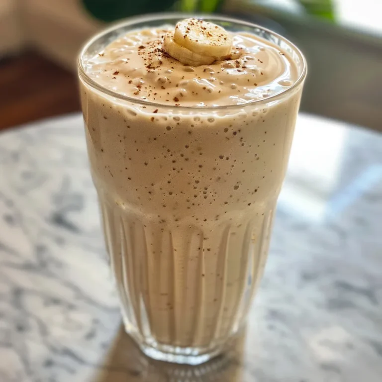 Close-up shot of a frothy vanilla bean yogurt shake in a glass.