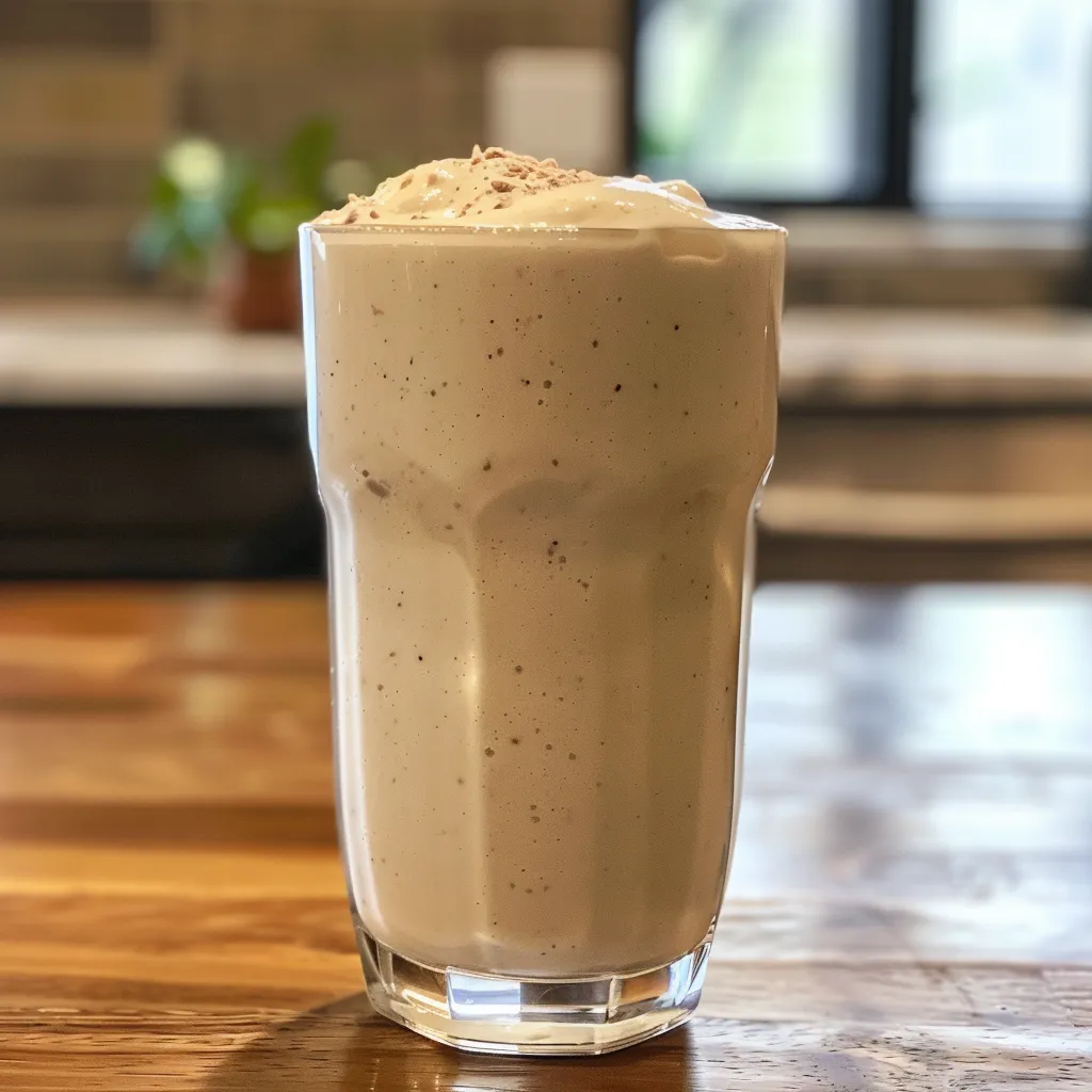 Side view of a creamy yogurt shake topped with whipped cream and vanilla bean specks.