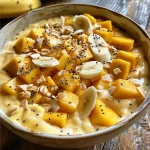 Close-up of a vibrant Vegan Mango Smoothie Bowl topped with fresh fruits.