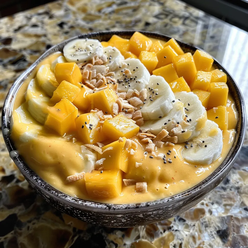 Side view of a creamy mango smoothie bowl garnished with banana slices and coconut flakes.