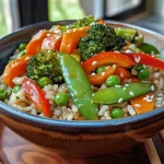 Close-up of a colorful veggie stir-fry rice bowl featuring vibrant bell peppers, broccoli, and snap peas.