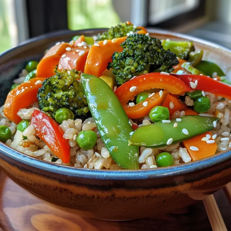 Close-up of a colorful veggie stir-fry rice bowl featuring vibrant bell peppers, broccoli, and snap peas.