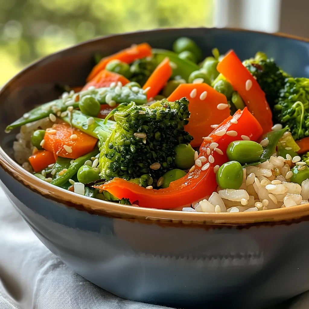 A delicious veggie stir-fry rice bowl showcasing brown rice mixed with carrots, garlic, and sesame seeds.