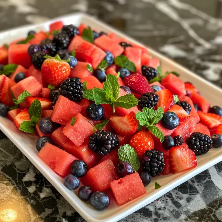Brighten Your Day with a Refreshing Watermelon Berry Salad Close-up view of a vibrant watermelon berry salad with fresh fruits and mint.