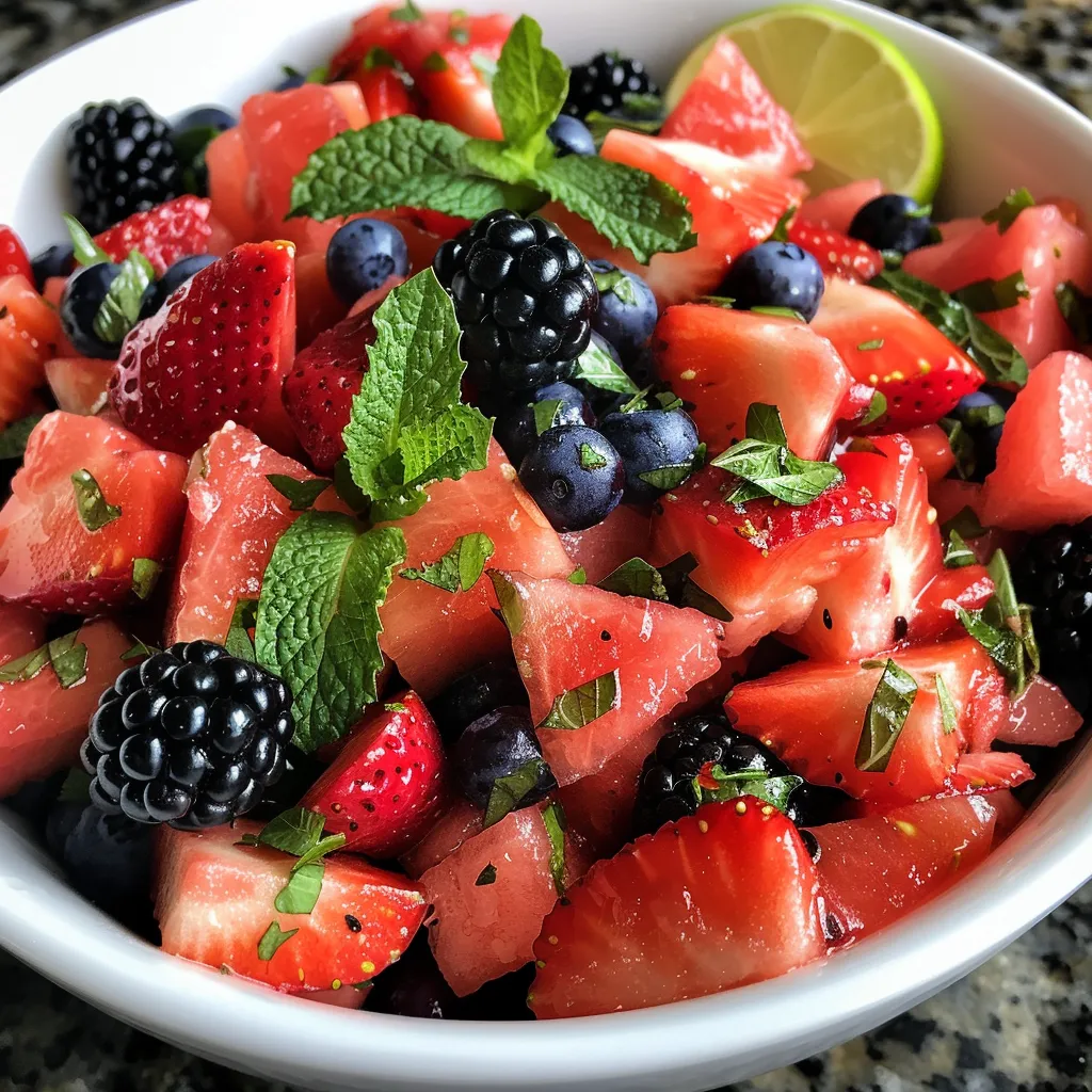 Colorful assortment of watermelon cubes, strawberries, blueberries, and blackberries in a bowl.