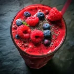 Close-up of a vibrant watermelon smoothie in a glass, garnished with fresh fruit.