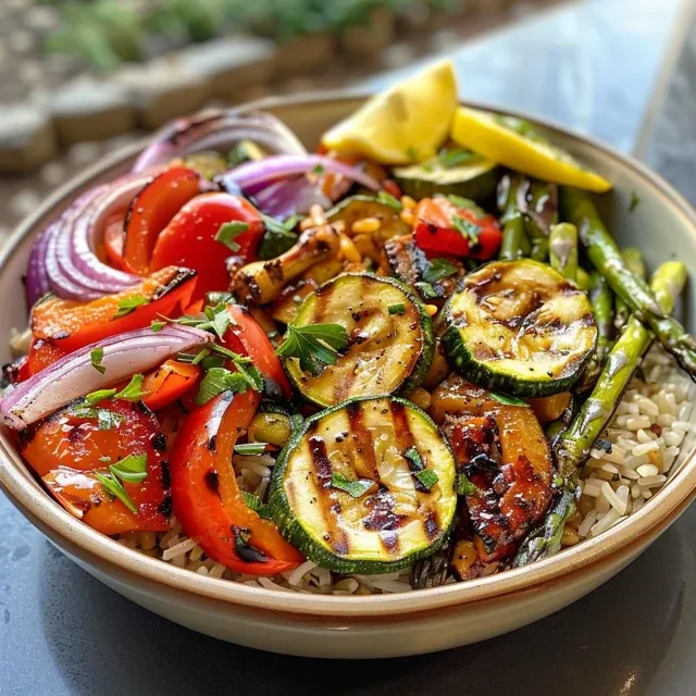 Delight in Simplicity The Grilled Veggies and Brown Rice Bowl That Will Brighten Your Day A vibrant grilled veggies and brown rice bowl featuring colorful vegetables.