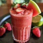 Close-up of a refreshing watermelon smoothie in a glass, showcasing vibrant colors.