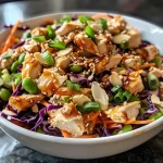 Close-up of a vibrant Asian Chicken Salad with colorful vegetables.