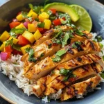 Close-up view of Chicken Bowls featuring mango salsa and coconut rice.