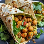 Close-up of a spicy chickpea wrap filled with spinach and avocado.
