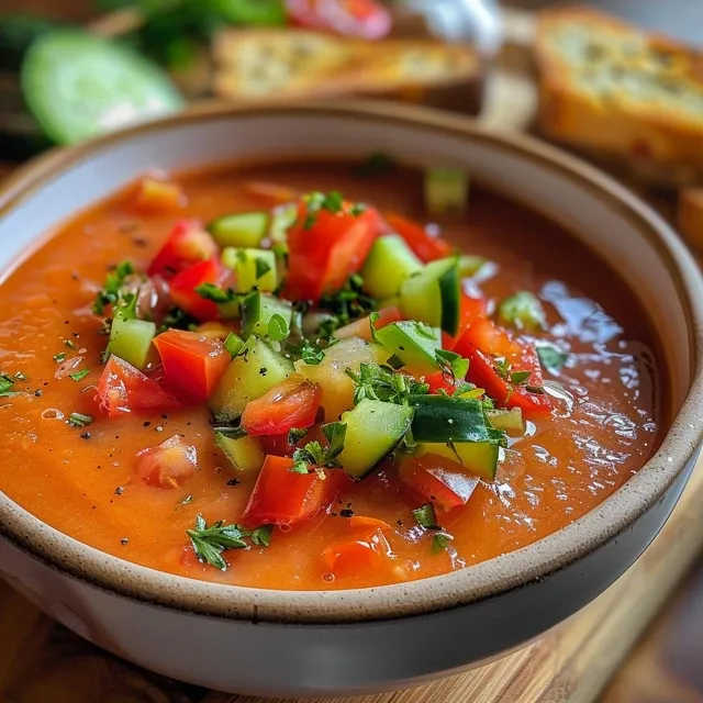 Chill Out with This Refreshing Gazpacho Recipe Simple Delights for Any Day Close-up view of a bowl of vibrant red gazpacho, garnished with chopped vegetables.