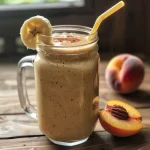 A close-up side view of a vibrant yellow Banana Peach Smoothie in a clear glass.