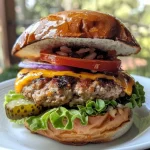 Juicy turkey burger with melted cheese, lettuce, and tomato on a plate.