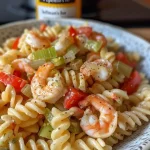 Close-up view of a colorful shrimp pasta salad featuring rotini, shrimp, celery, and bell pepper.