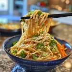 A close-up view of Cold Sesame Noodle Salad featuring whole wheat linguine, vegetables, and a sesame dressing.