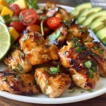 A vibrant bowl filled with grilled chicken bites, coconut rice, and fresh mango avocado salsa.