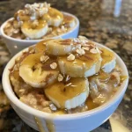 Close-up of Banana Oatmeal Yogurt Cups topped with slices of banana and oats.