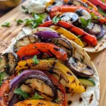 Juicy veggie grilled wraps filled with colorful bell peppers and mushrooms.