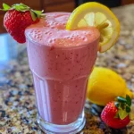 Close-up view of a vibrant strawberry lemonade smoothie in a clear glass, with a straw.
