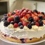 A side view of a Berries & Cream Cake showing layers of berry filling and cream frosting.