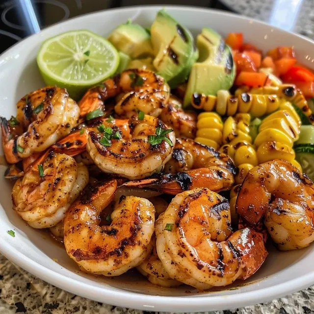 Elevate Your Weeknight Dinners with This Juicy Grilled Shrimp Bowl Close-up view of a colorful grilled shrimp bowl featuring succulent shrimp, grains, and vegetables.