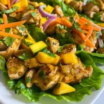 Close-up view of delicious Mango Chicken Lettuce Wraps on a wooden plate.