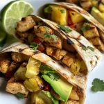 Close-up of a grilled chicken wrap with spinach, strawberries, and walnuts on a plate.