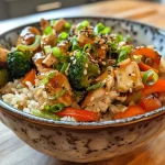 Side view of a colorful chicken veggie rice bowl with brown rice, mixed vegetables, and green onions.