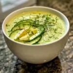 A close-up view of vibrant chilled cucumber avocado soup garnished with a fresh herb.