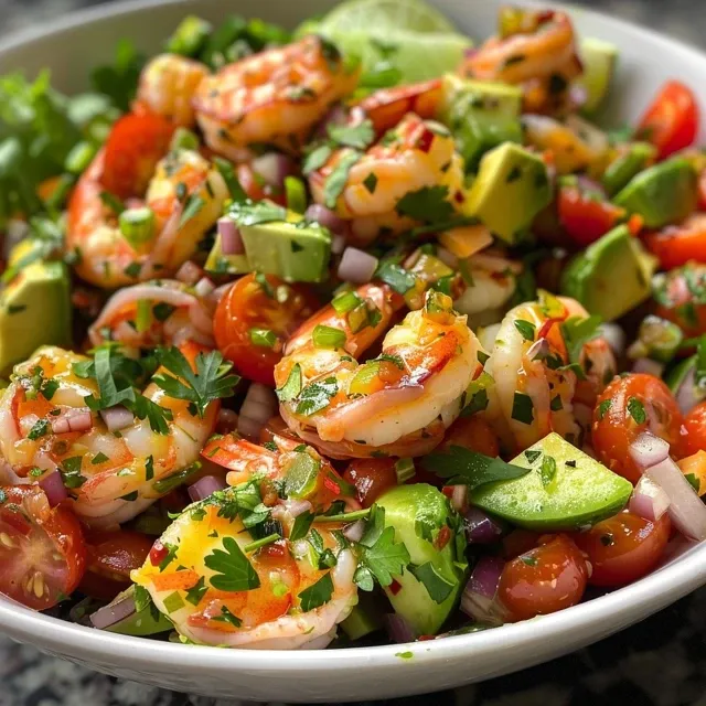 Bright Zesty Avocado Salsa Shrimp Salad A Breeze to Make! A vibrant Avocado Salsa Shrimp Salad featuring shrimp, diced avocados, and cherry tomatoes.