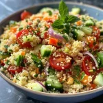 A close-up view of a vibrant cucumber salad with red onion, garnished with fresh dill.