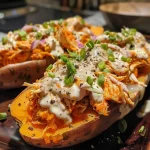 Close-up view of Buffalo Chicken Stuffed Sweet Potatoes topped with Ranch Slaw.